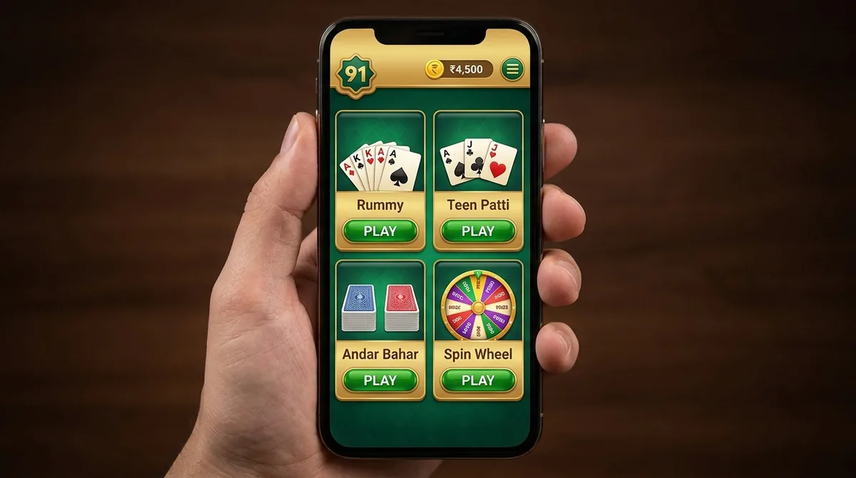 Rummy 91 App Interface showing cash tables and game options on Android screen